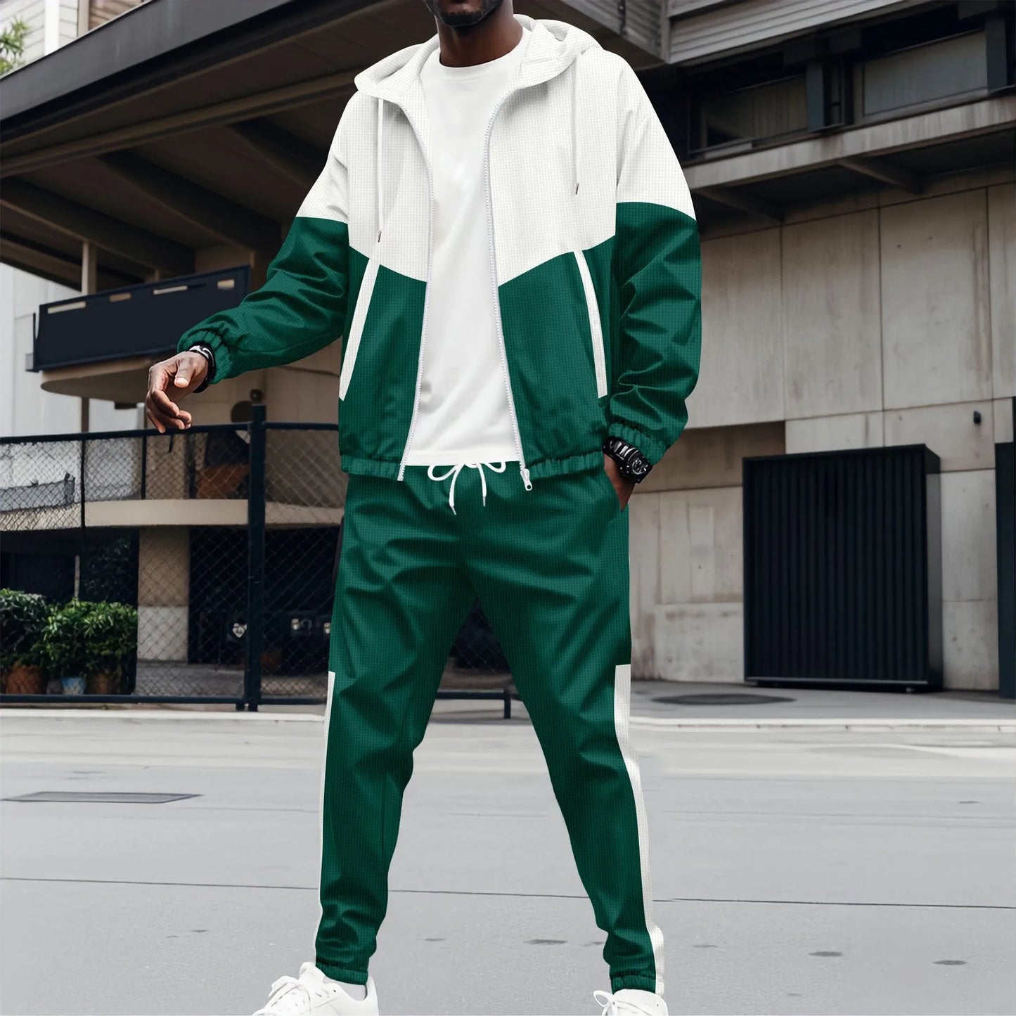 Stylish Men's Hooded Waffle Jacket and Trouser Set for Spring and Fall