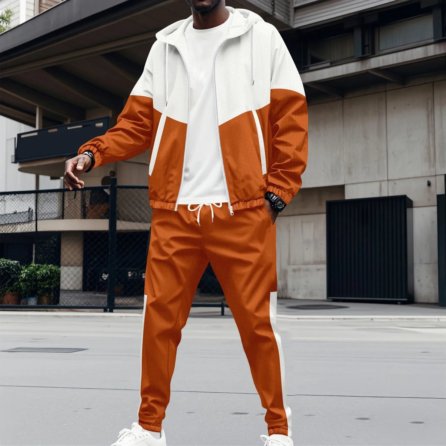 Stylish Men's Hooded Waffle Jacket and Trouser Set for Spring and Fall
