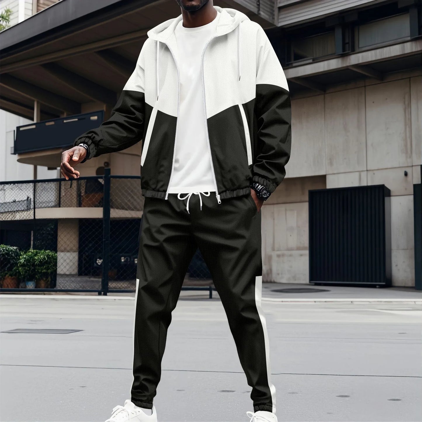 Stylish Men's Hooded Waffle Jacket and Trouser Set for Spring and Fall