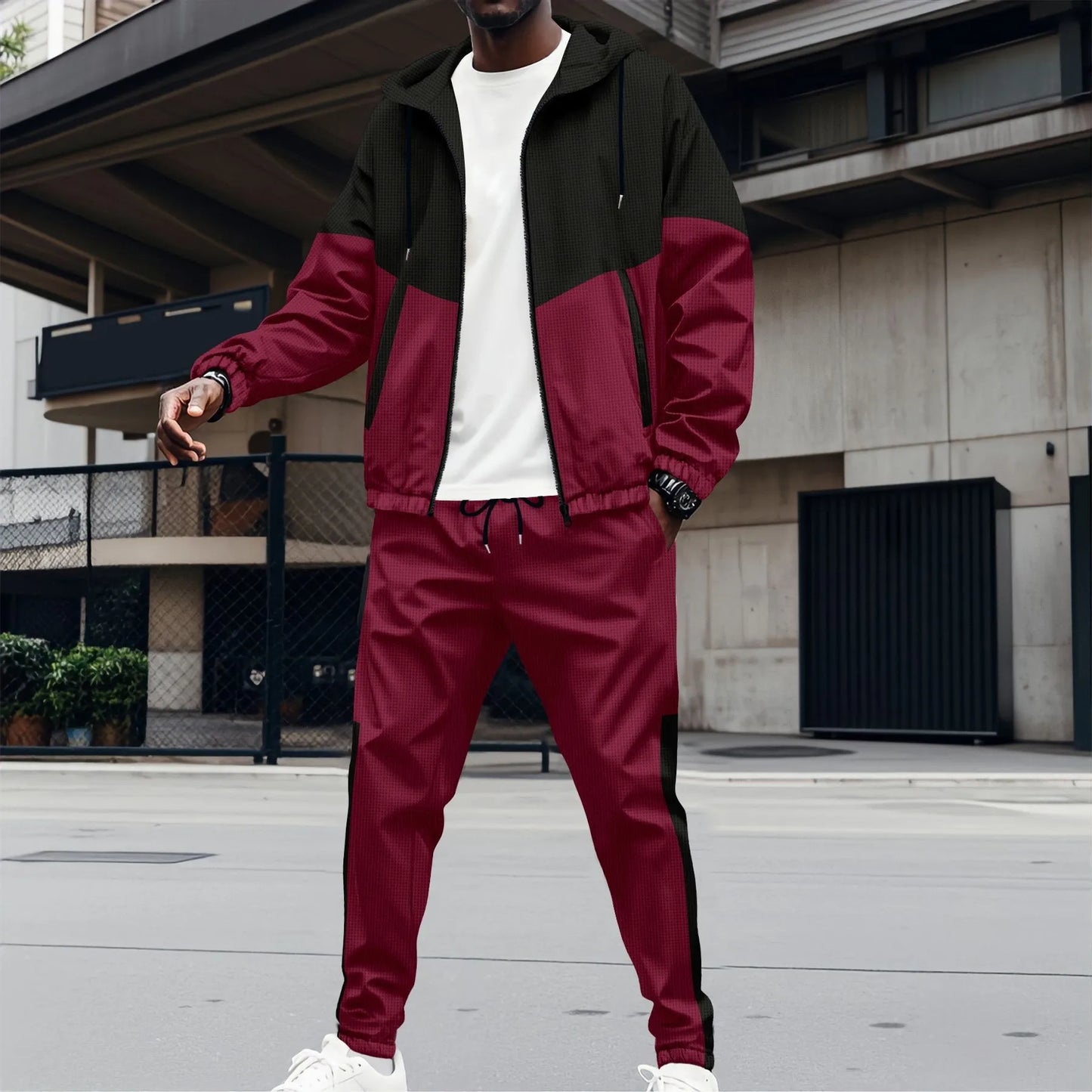 Stylish Men's Hooded Waffle Jacket and Trouser Set for Spring and Fall